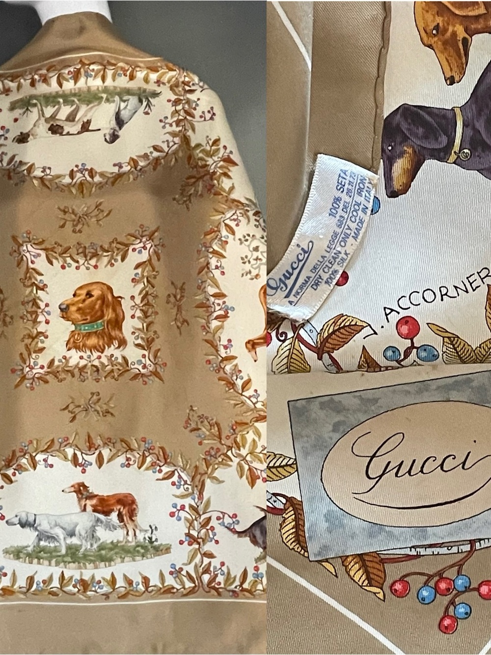 Rare Vintage Gucci Accornero Dogs Silk Scarf 34 In Sq Fair Condition